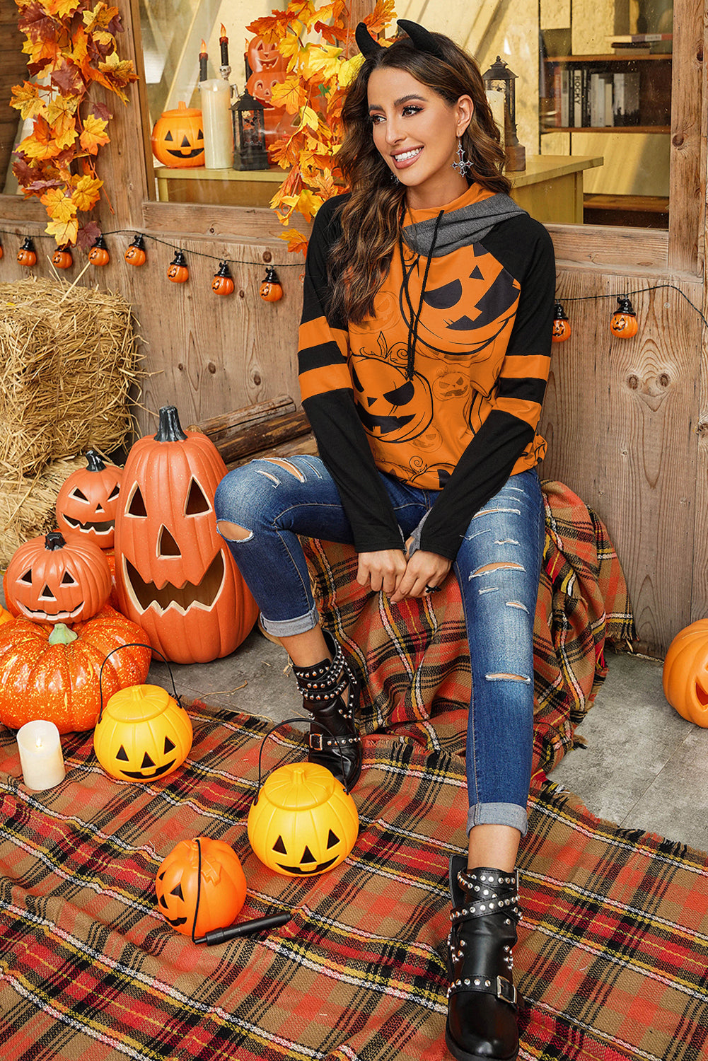 Halloween Pumpkin Print Double Hoods Sweatshirt