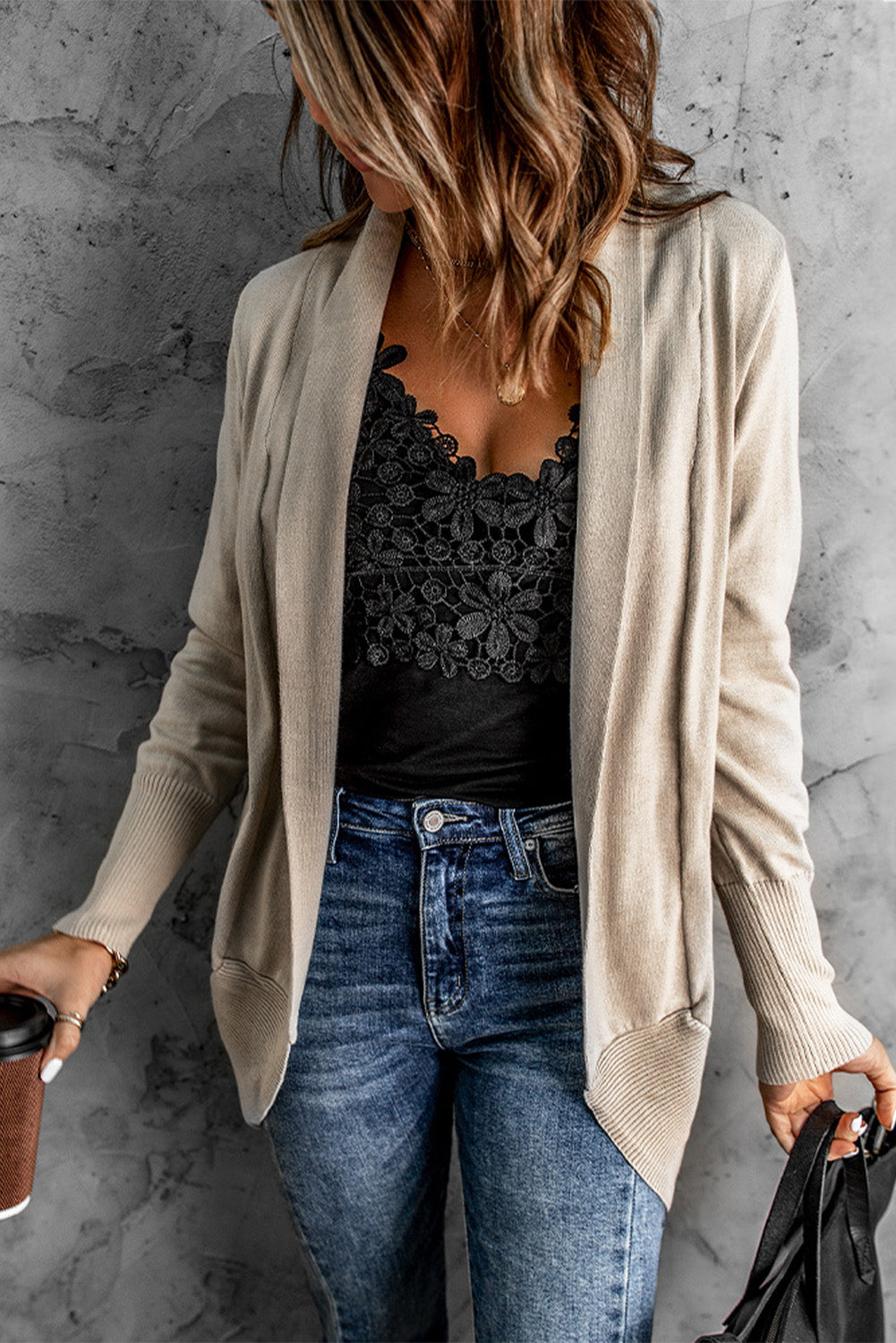 Long Sleeve Ribbed Hem Open Front Longline Cardigan