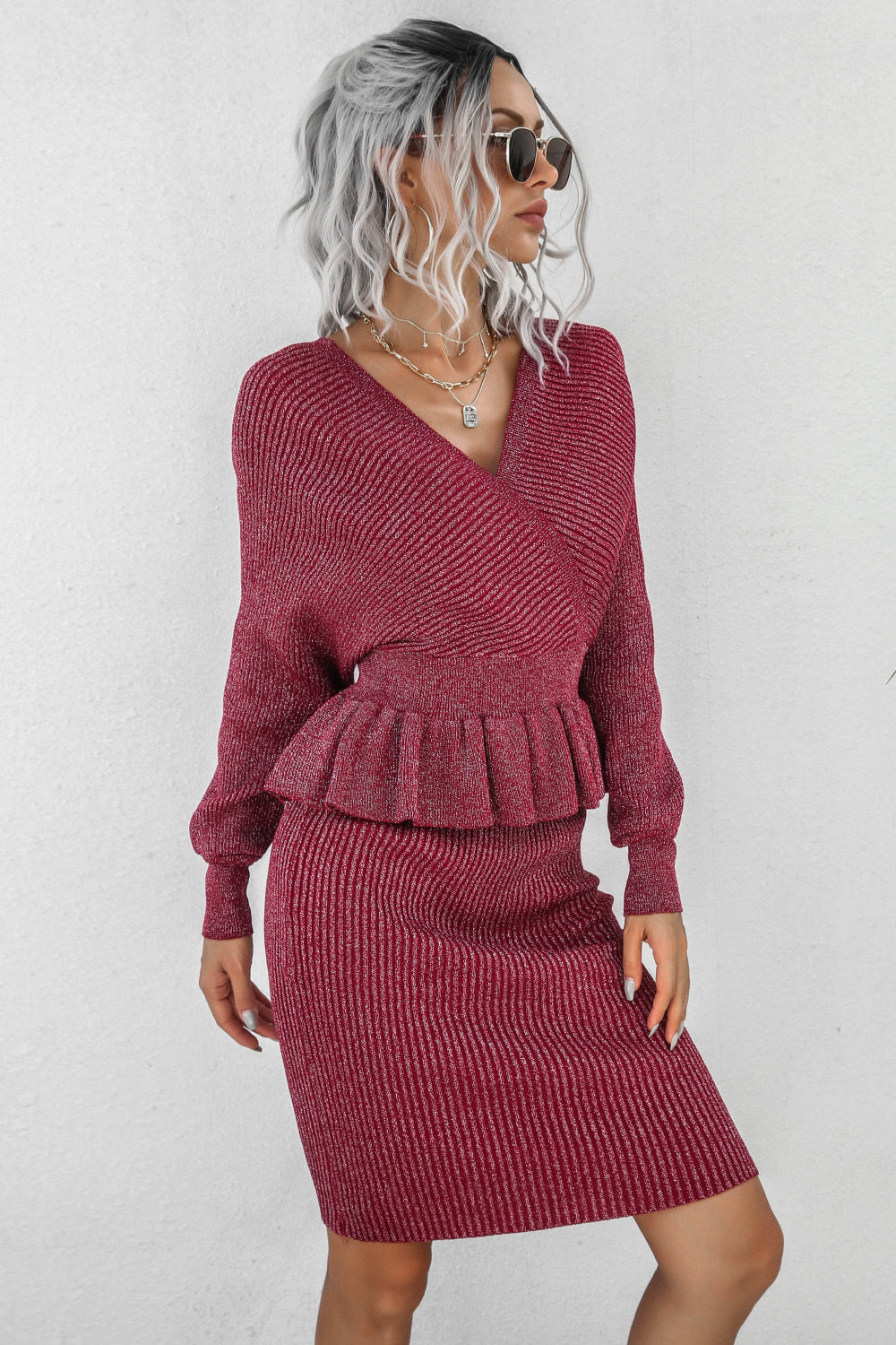 Peplum Dolman Sleeve Rib-Knit Top and Skirt Set