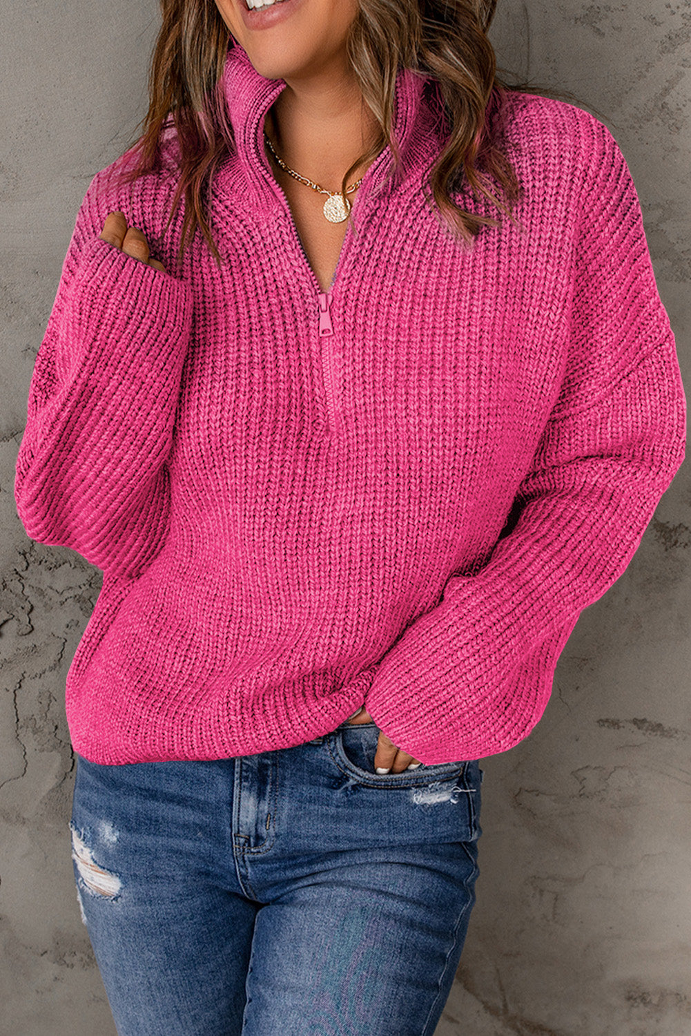 Half Zip Rib-Knit Dropped Shoulder Sweater