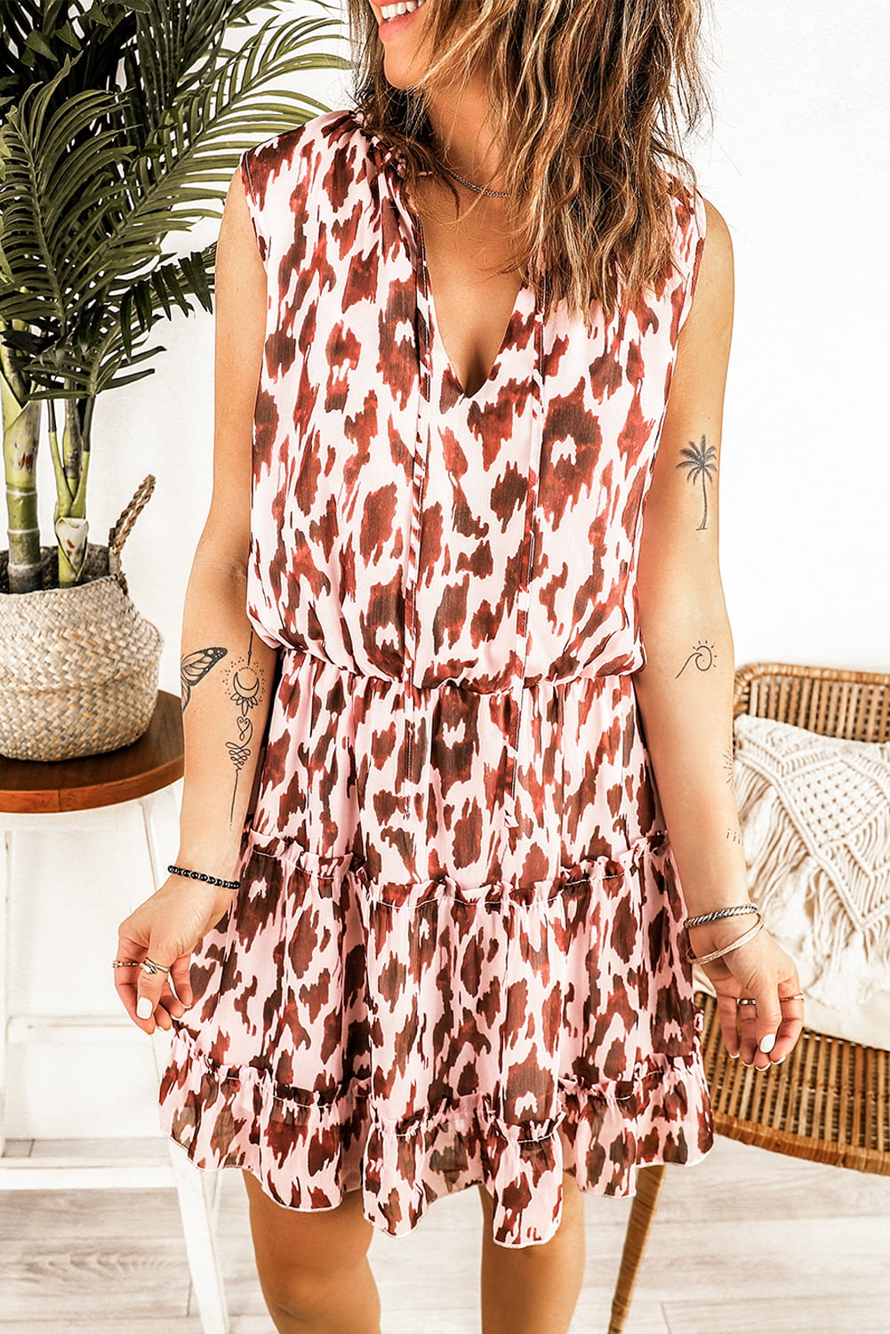 Leopard Print Tie Neck Frill Trim Dress