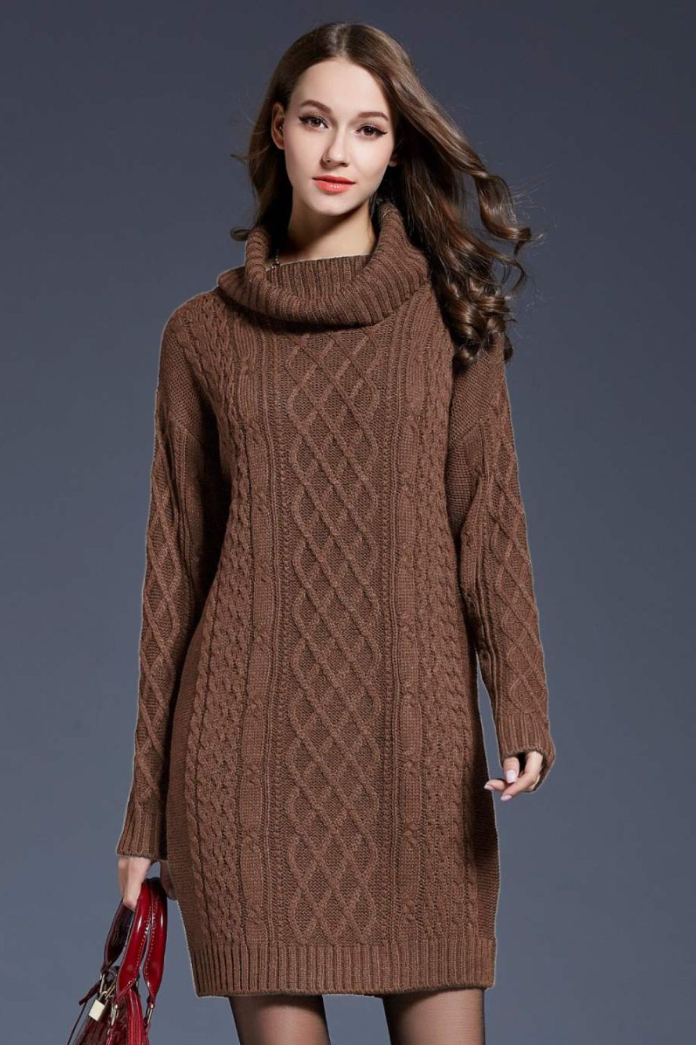 Full Size Mixed Knit Cowl Neck Dropped Shoulder Sweater Dress