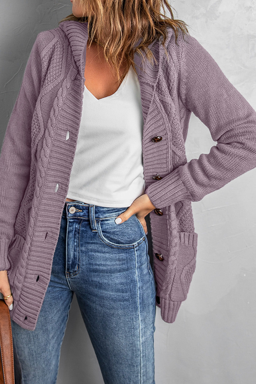 Button Front Hooded Cardigan with Pockets