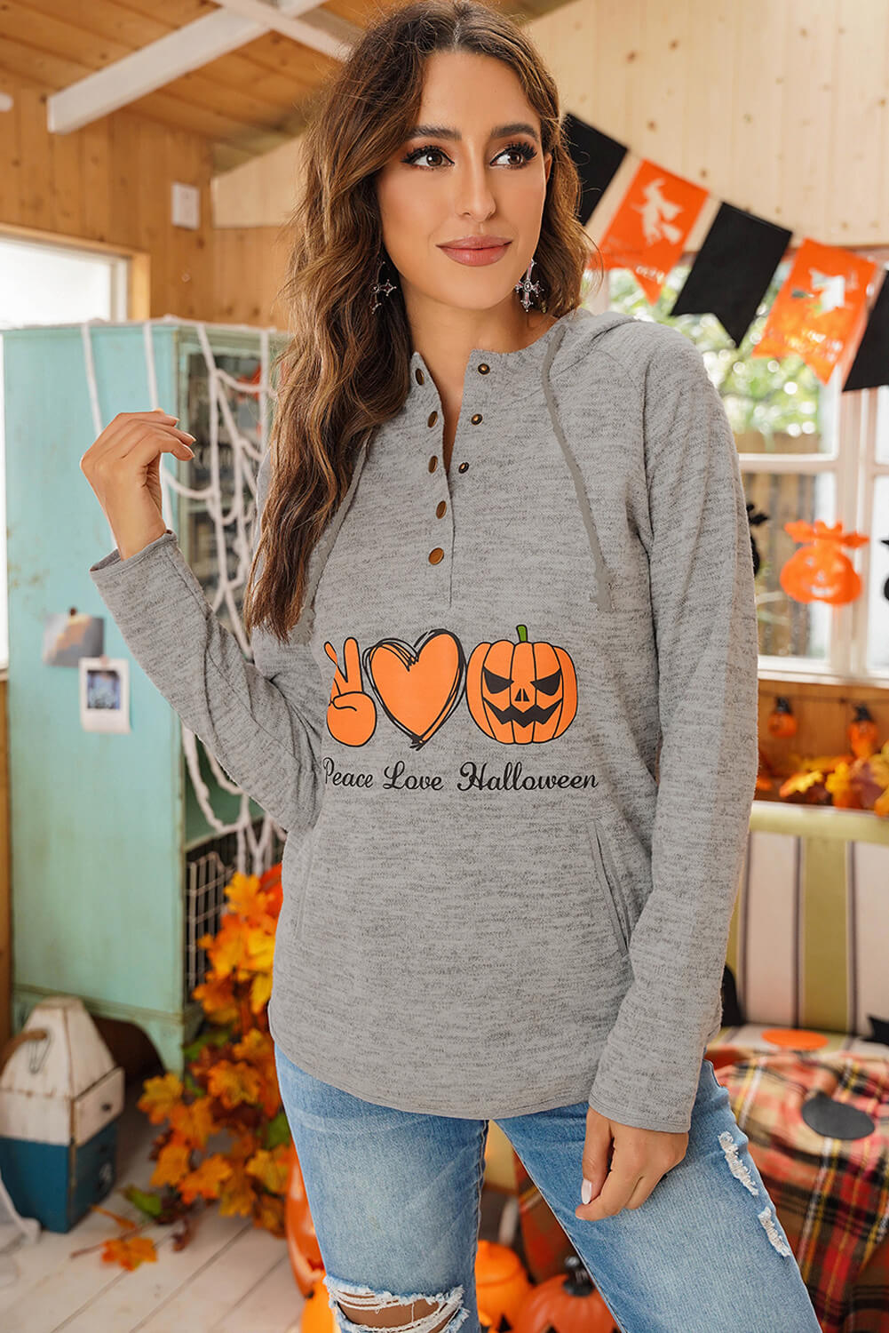 PEACE LOVE HALLOWEEN Graphic Quarter-Snap Hoodie