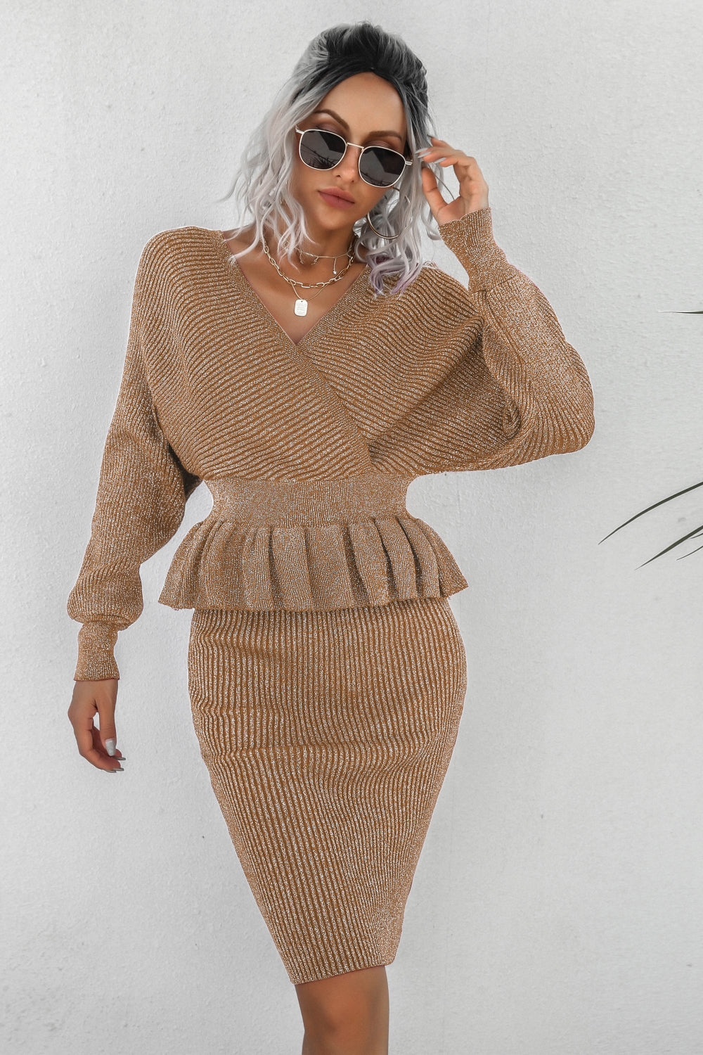 Peplum Dolman Sleeve Rib-Knit Top and Skirt Set