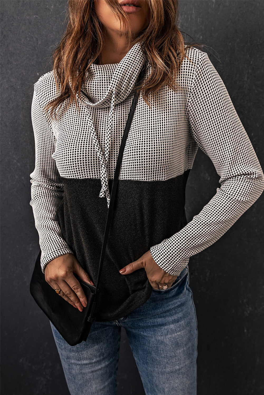 Two-Tone Waffle-Knit Drawstring Cowl Neck Sweatshirt