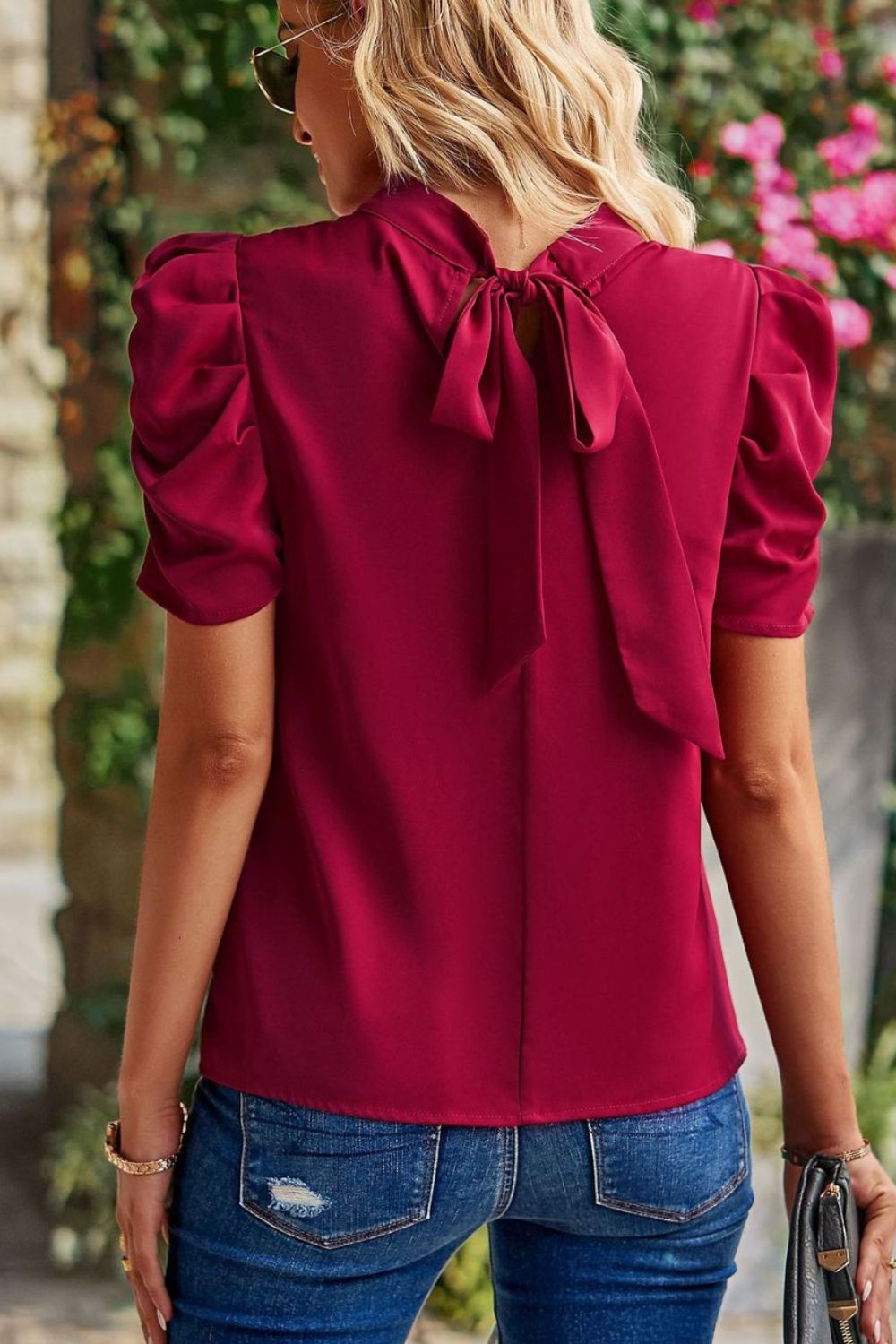 Tie Back Gathered Detail Puff Sleeve Top