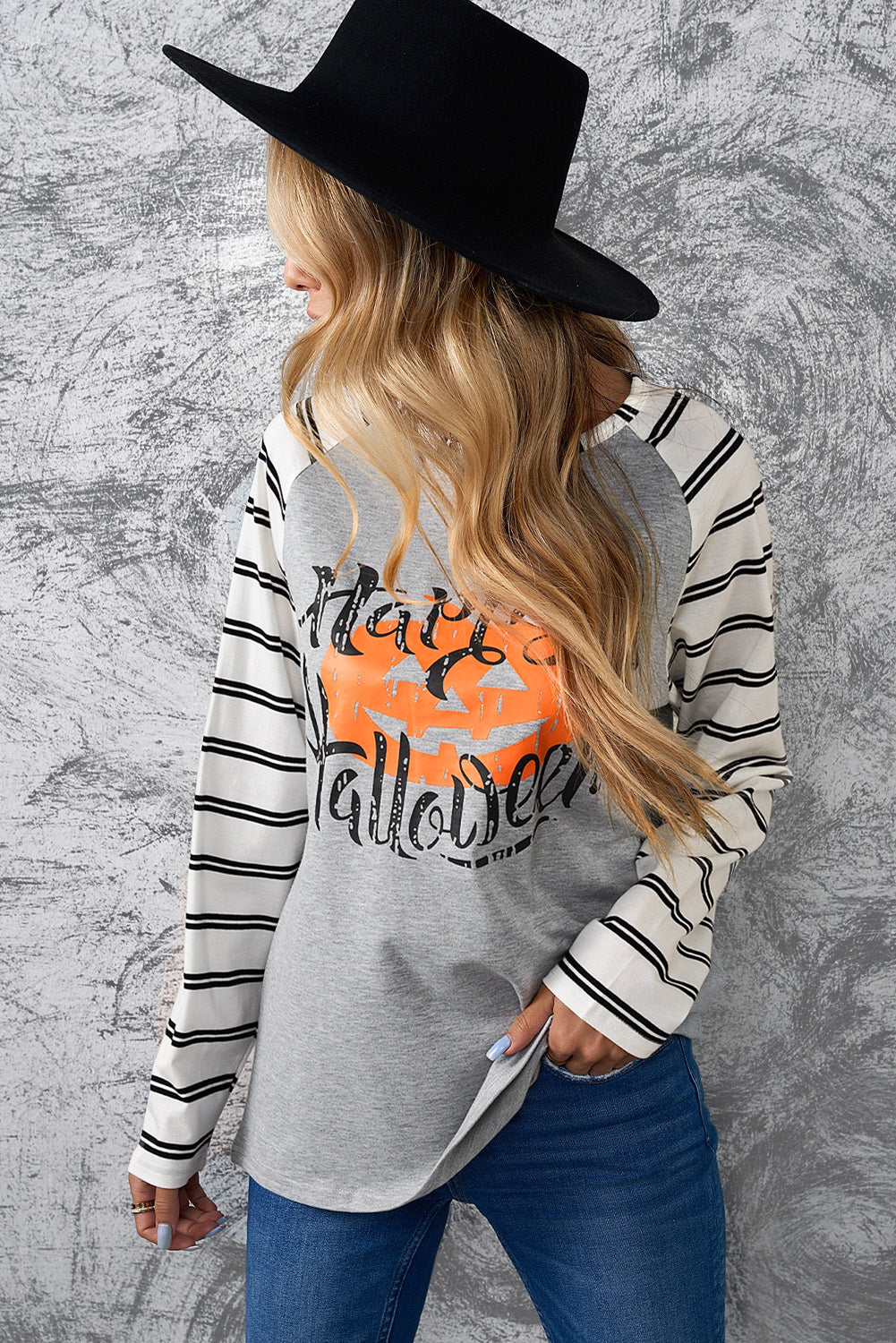 HAPPY HALLOWEEN Striped Long Sleeve Tee