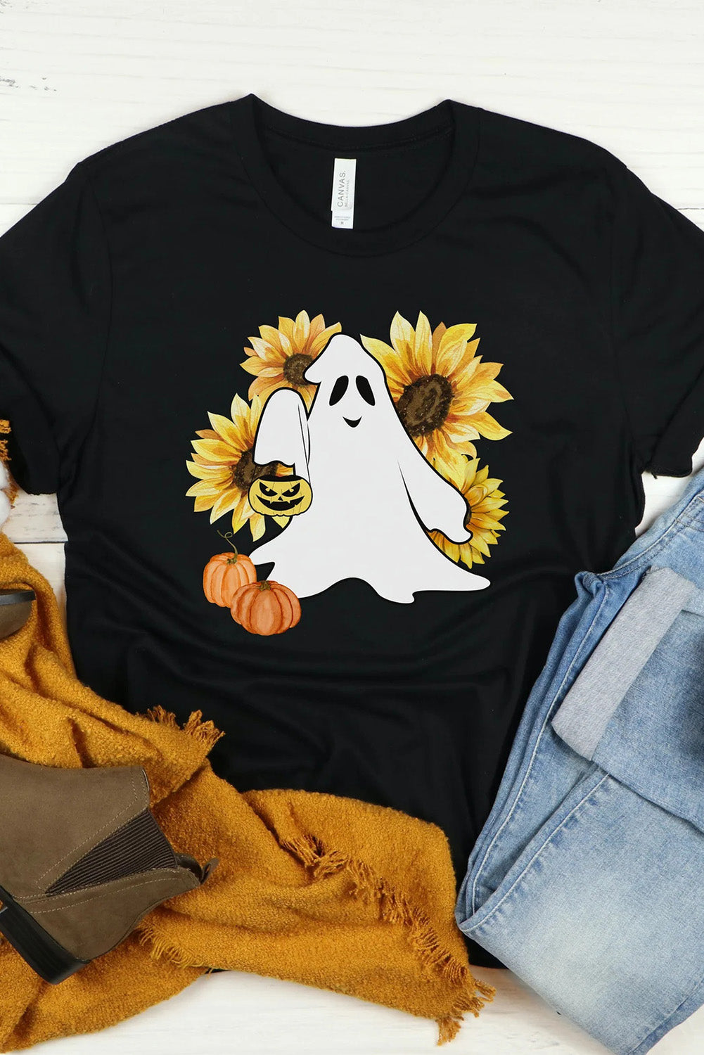 Halloween Floral Ghost Graphic Tee Shirt