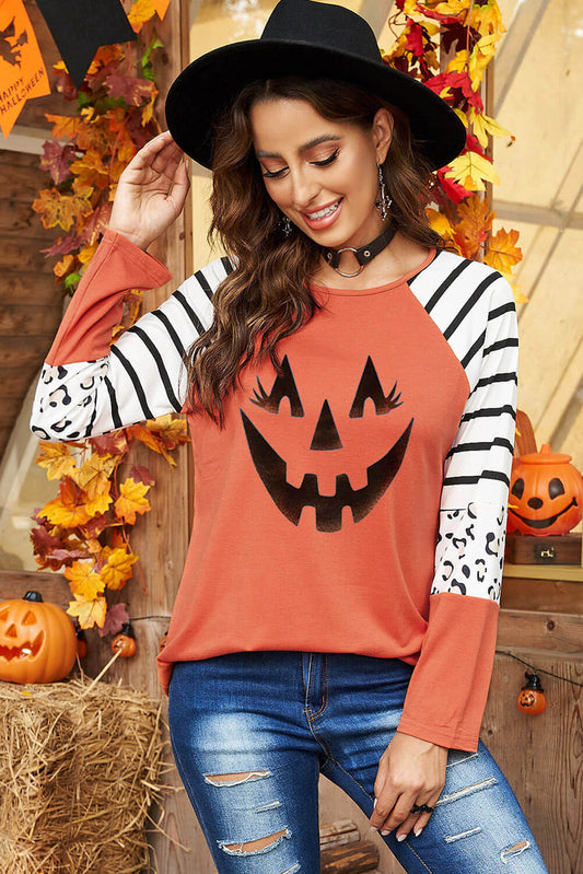 Halloween Graphic Mixed Print Raglan Sleeve Top