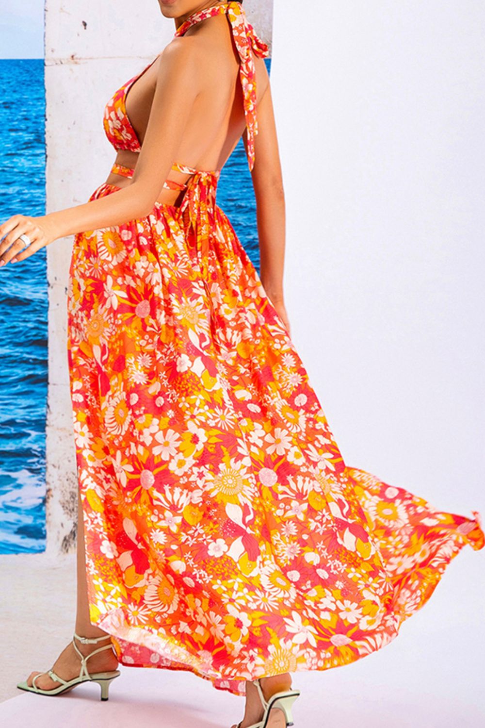 Floral Cutout Halter Neck Split Dress