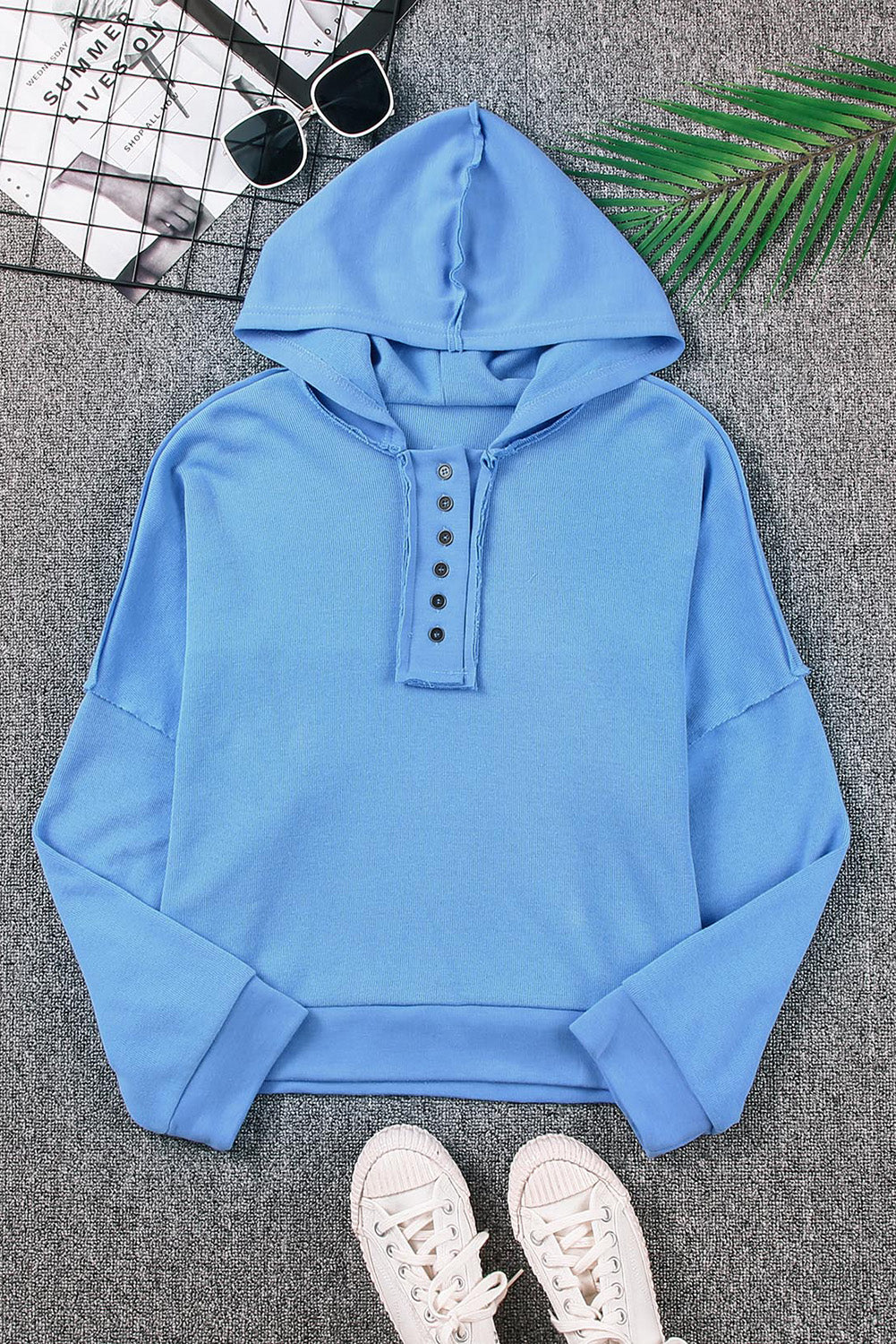 Quarter-Button Exposed Seam Dropped Shoulder Hoodie