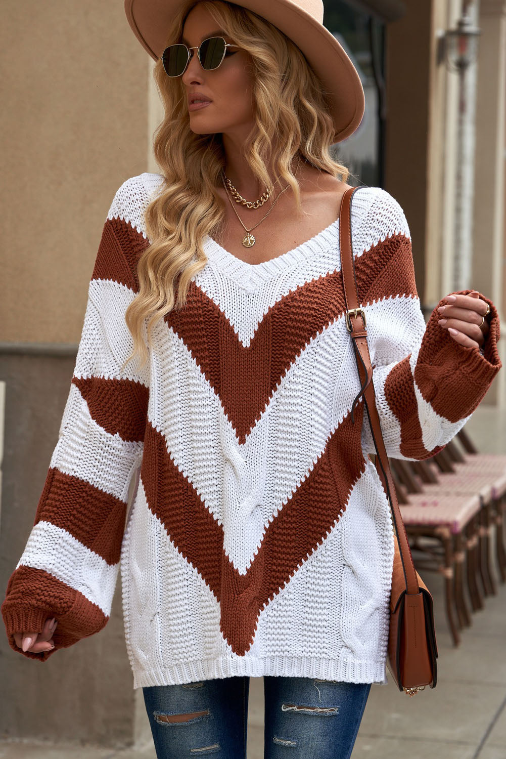 Chevron Cable-Knit V-Neck Tunic Sweater