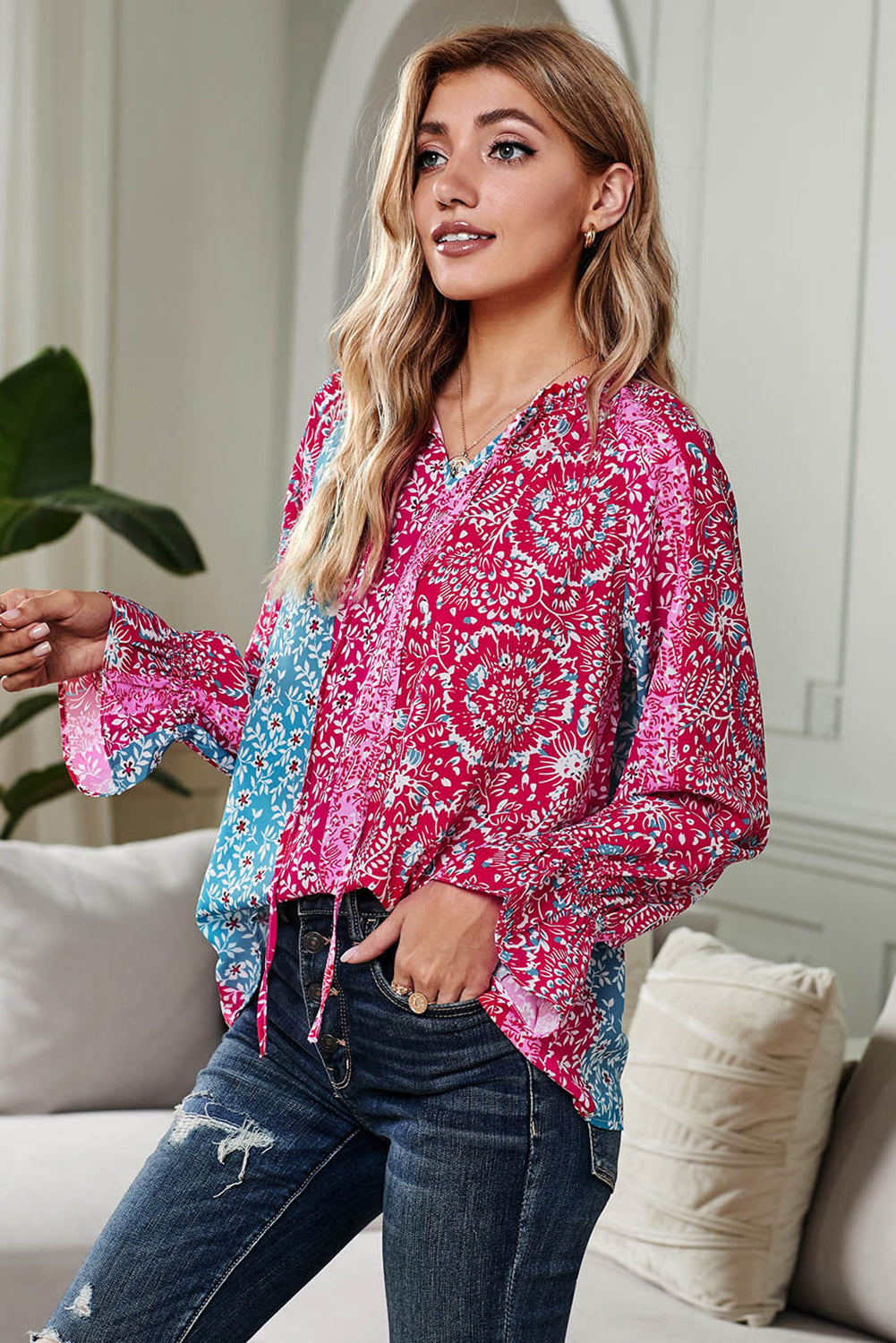 Split Neck Printed Blouse