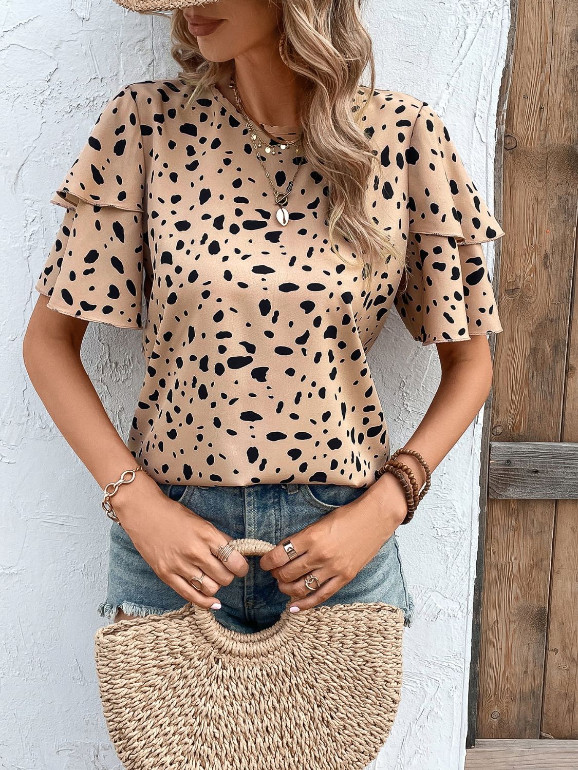 Printed Round Neck Layered Sleeve Blouse