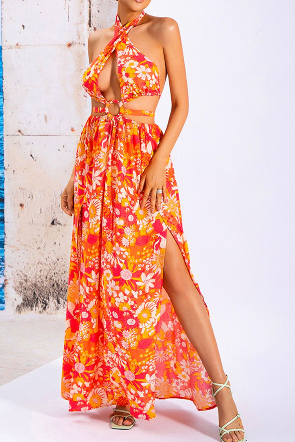 Floral Cutout Halter Neck Split Dress