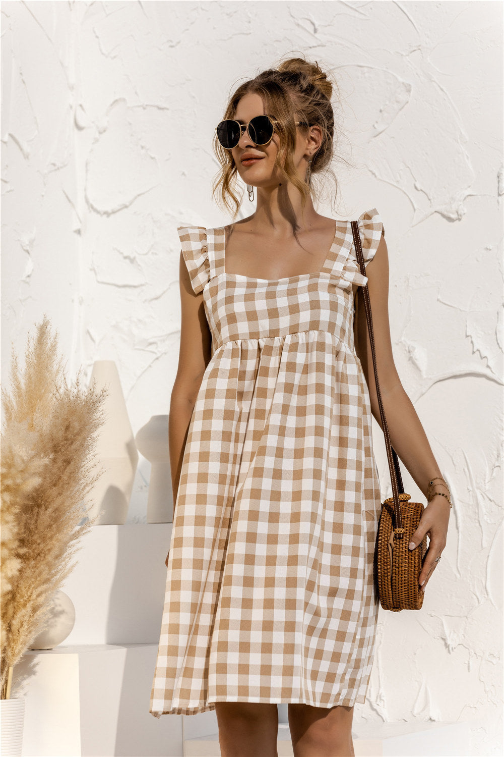 Plaid Ruffle Sleeve Square Neck Dress