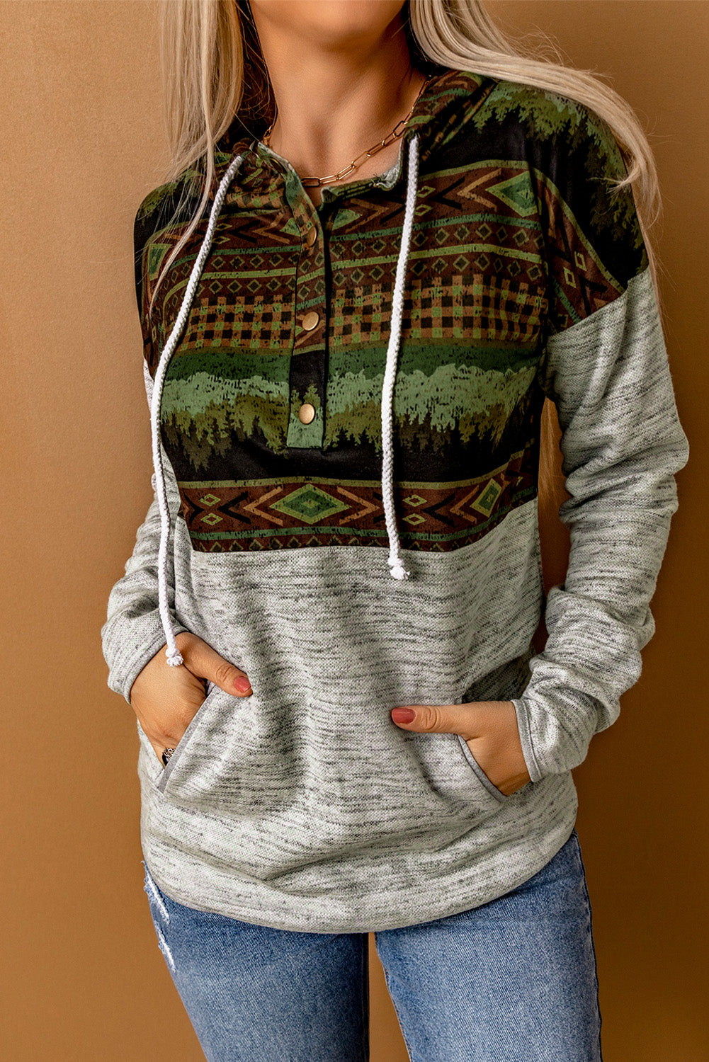 Printed Color Block Drawstring Detail Hoodie