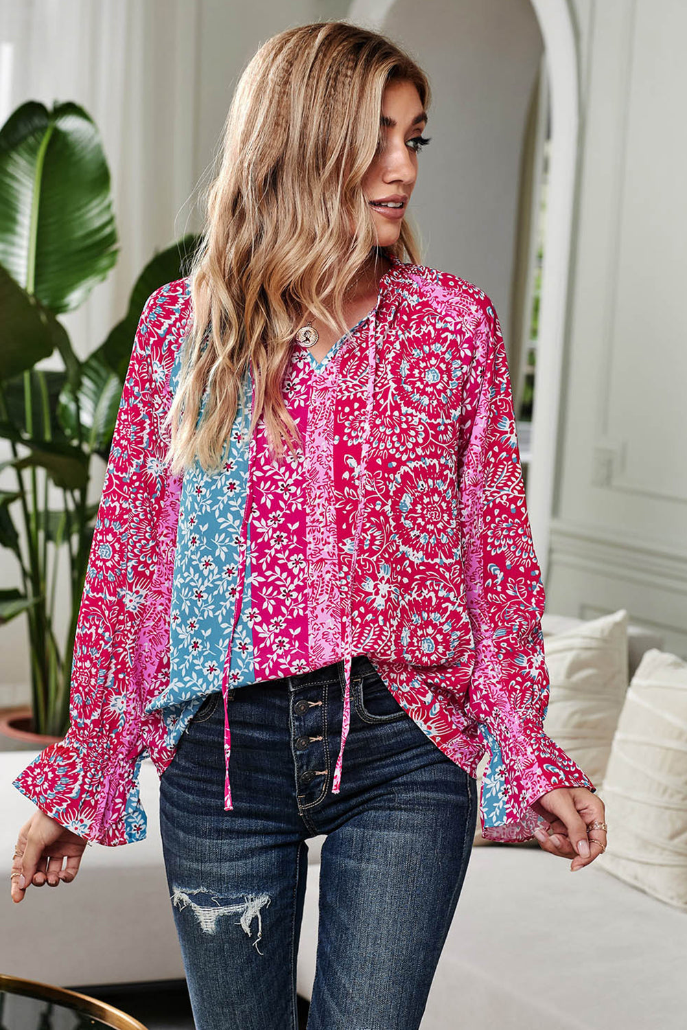 Split Neck Printed Blouse