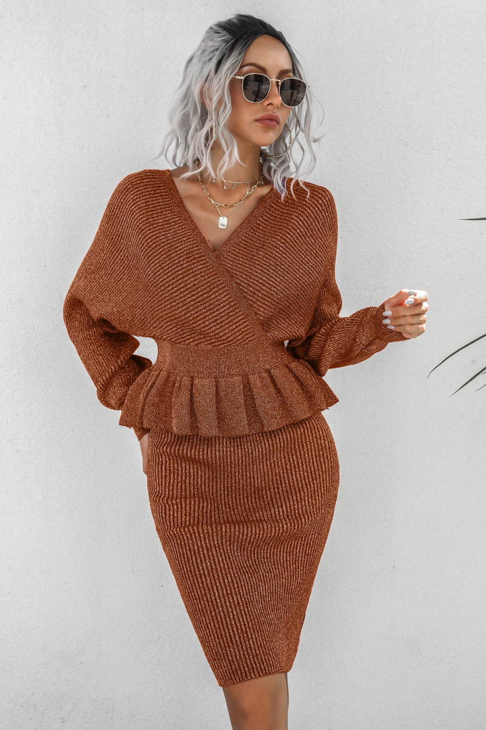 Peplum Dolman Sleeve Rib-Knit Top and Skirt Set