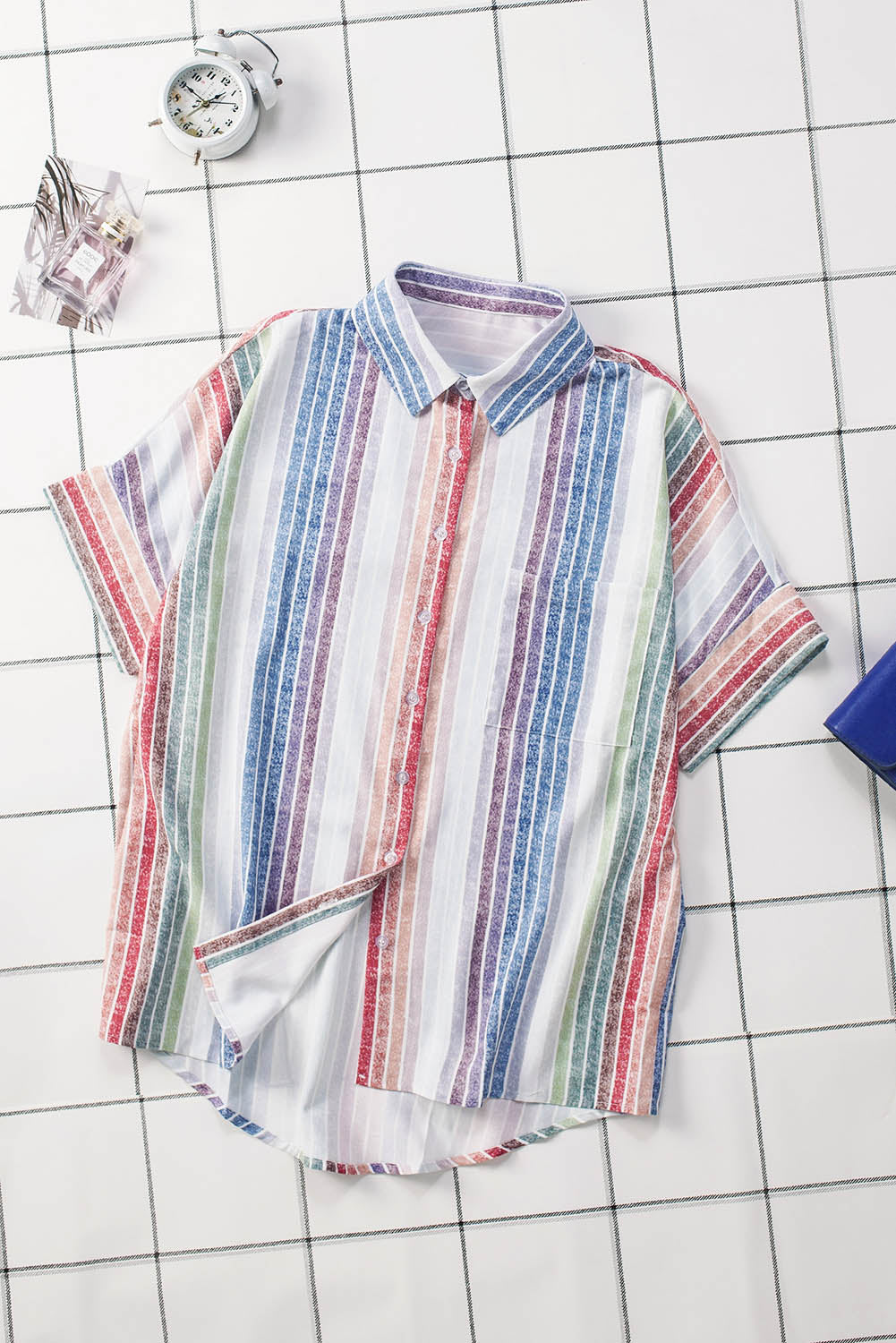 Striped Short Sleeve Button Down Top