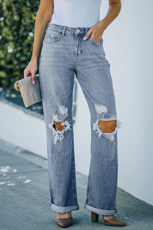 Distressed Straight Leg High Waist Jeans