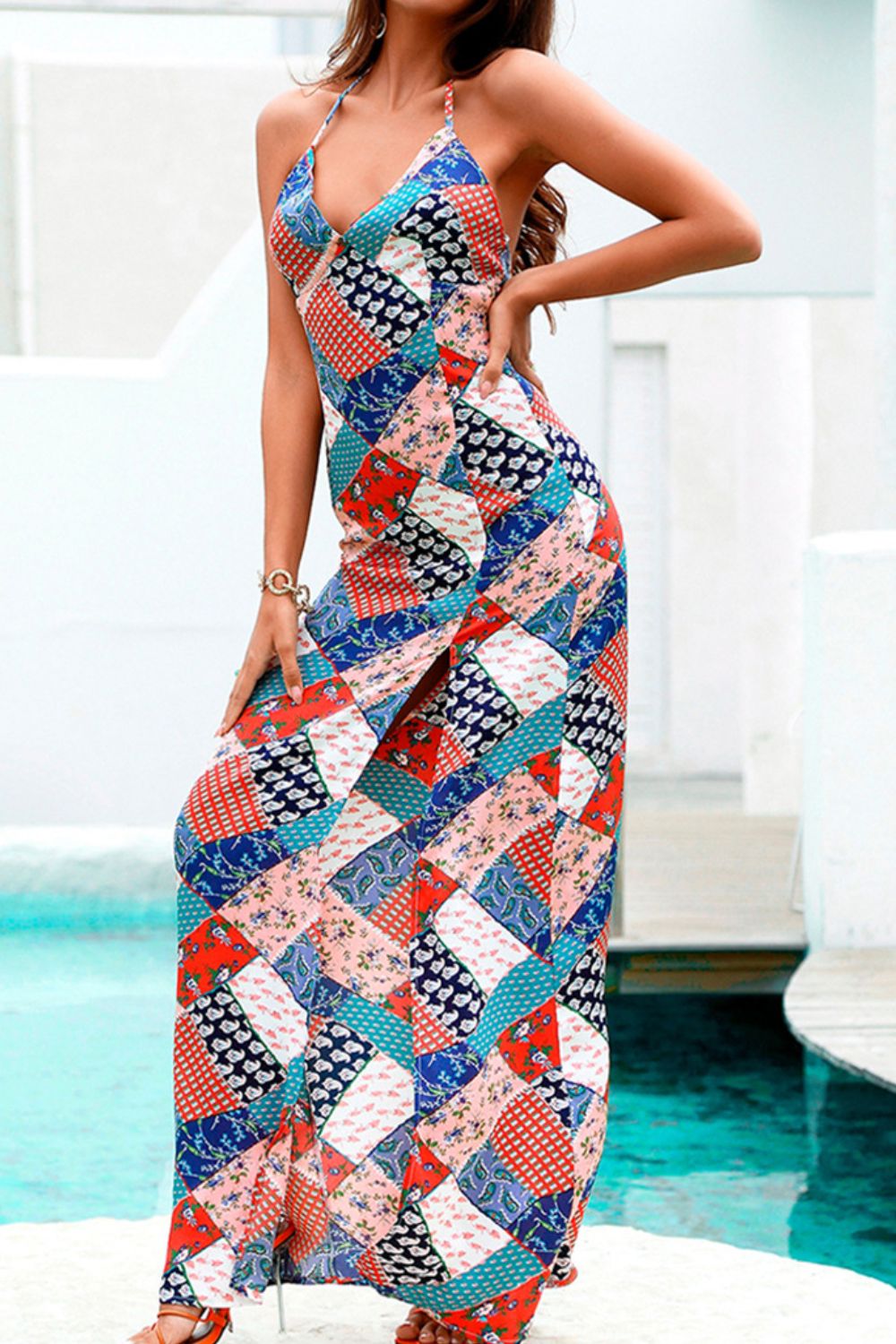 Printed Halter Neck Backless Split Dress